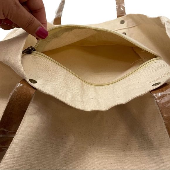NWOT Prime The Killers Cotton Beige Canvas Tan Bag Tote with Leather Handles - Picture 4 of 9